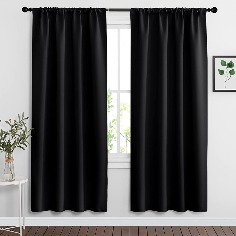 RYB HOME Cortinas opacas negras para dormitorio, sala de estar, 72 pulgadas de largo | Oscurecimiento de habitaciones, aislamiento térmico, protección de privacidad, bolsillo para barra, cortinas para cine en casa de oficina, ancho 42 x largo 72, negro, 2 paneles
