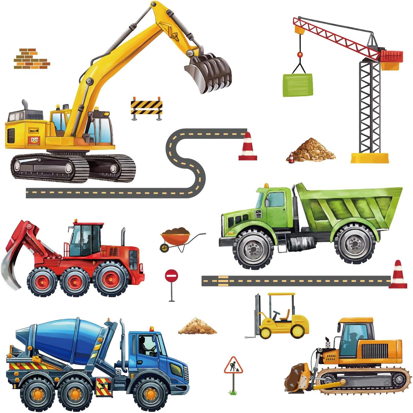 Construction Vehicles Wall Decals Engineering Excavator Trucks Wall Stickers for Kids Room Nursery Playroom Boys Bedroom Decor