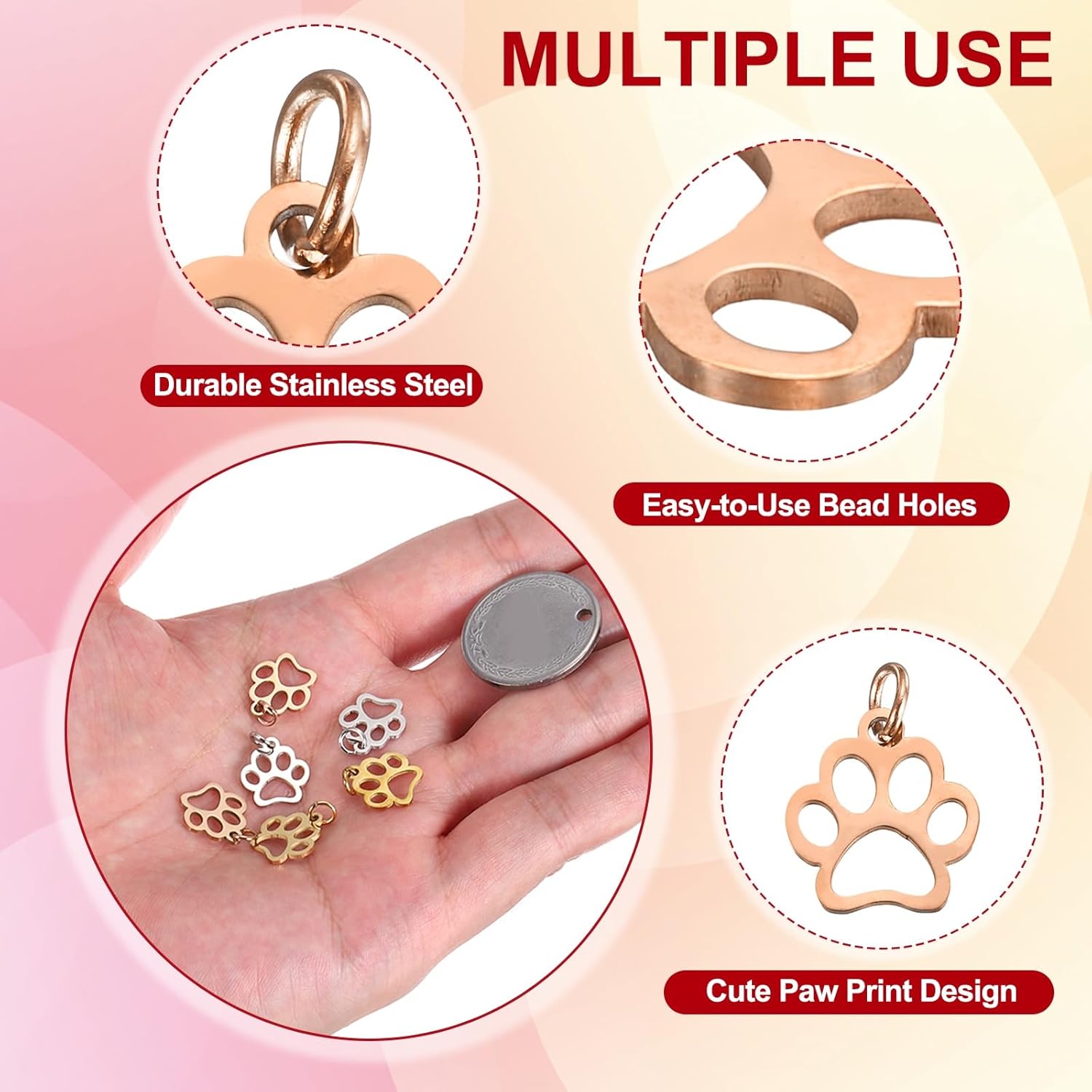 PATIKIL Dog Paw Print Charms 3mm, 20 Pcs Cat Dog Paw Pendant Cute Hollow Pet Animal Footprint Pendants Keychain Charm for DIY Jewelry Making Necklace Bracelet, Rose Gold - Image 3