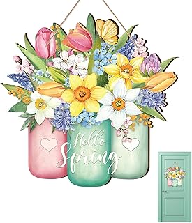 Letrero de Puerta de Primavera, Cartel Para Puerta Flores, Cartel de Madera Decorativo, Hola Letrero de Primavera, Adornos...