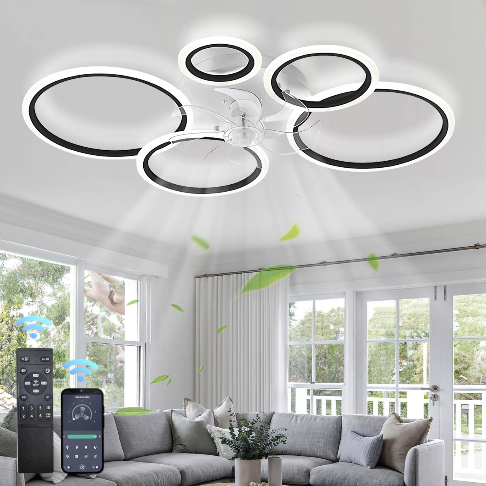 HXYSXHJUO Ceiling Fans with Lights and Remote, Lamps, Timer Ultra Quiet，Summer Winter Reversible DC Motor，6 Speeds，for Bedroom,Living Room-Black