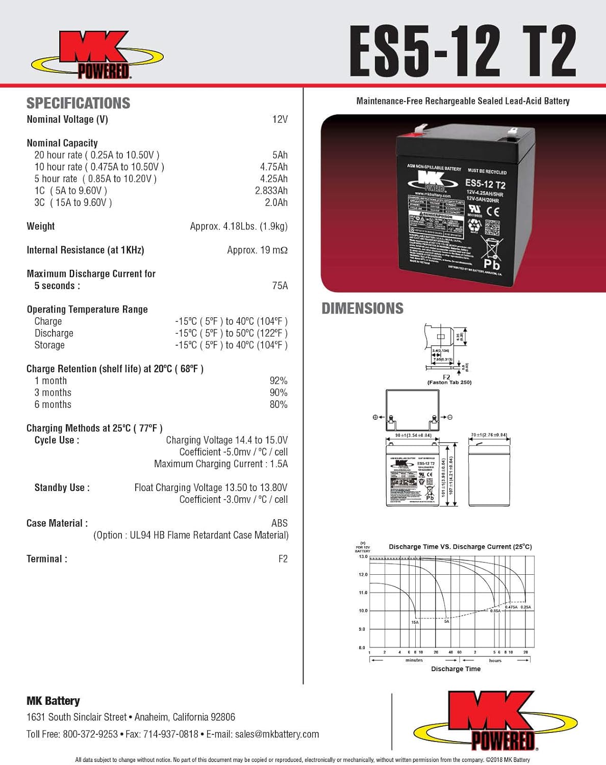 MK Battery ES5-12 T2 Maintenance-Free Rechargeable Sealed Lead-Acid Battery