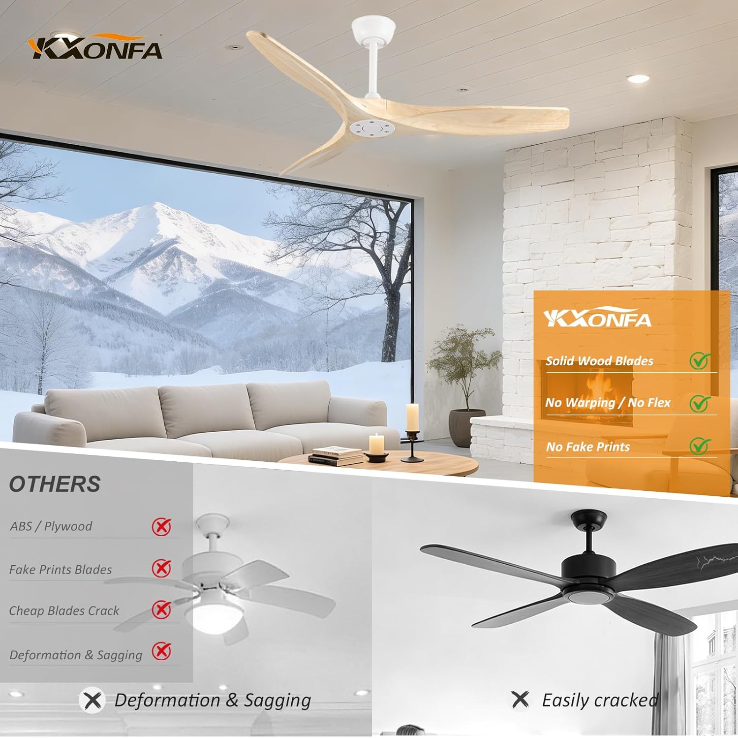 52" Wood Ceiling Fans without Lights Wooden Fan with Remote Quiet Reversible DC Motor 3 Blades Indoor Outdoor Ceilingfan No Light for Patio Porch Exterior Pergola (Natural Wood)