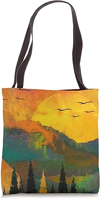 Graphic Tote Bag. Natural Scene of Mountains, Trees, Birds. Tote Bag