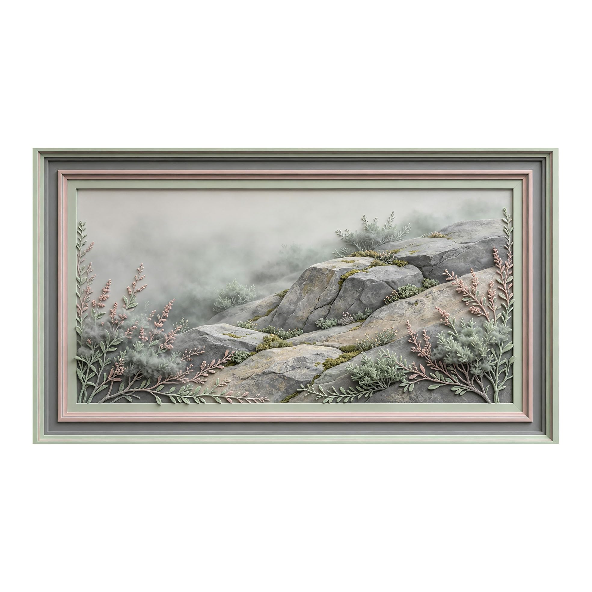 Murasolite 3D Framed Wall Art Misty Mountain Landscape Botanical 3D Effect SelfAdhesive Fabric Mural Wall Decor， Peel and Stick No Damage to Wall， AntiFall Safe Design for Bedroom Living Room