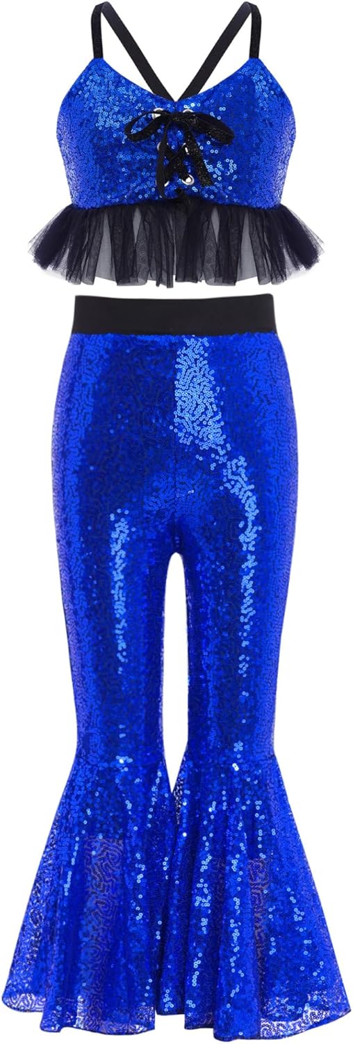 JEYPINMI Little Girls Sequins Birthday Party Clothes Camisole Top with Bell-Bottom Pants Hip Hop Jazz Dance Outfit Blue 12 Years