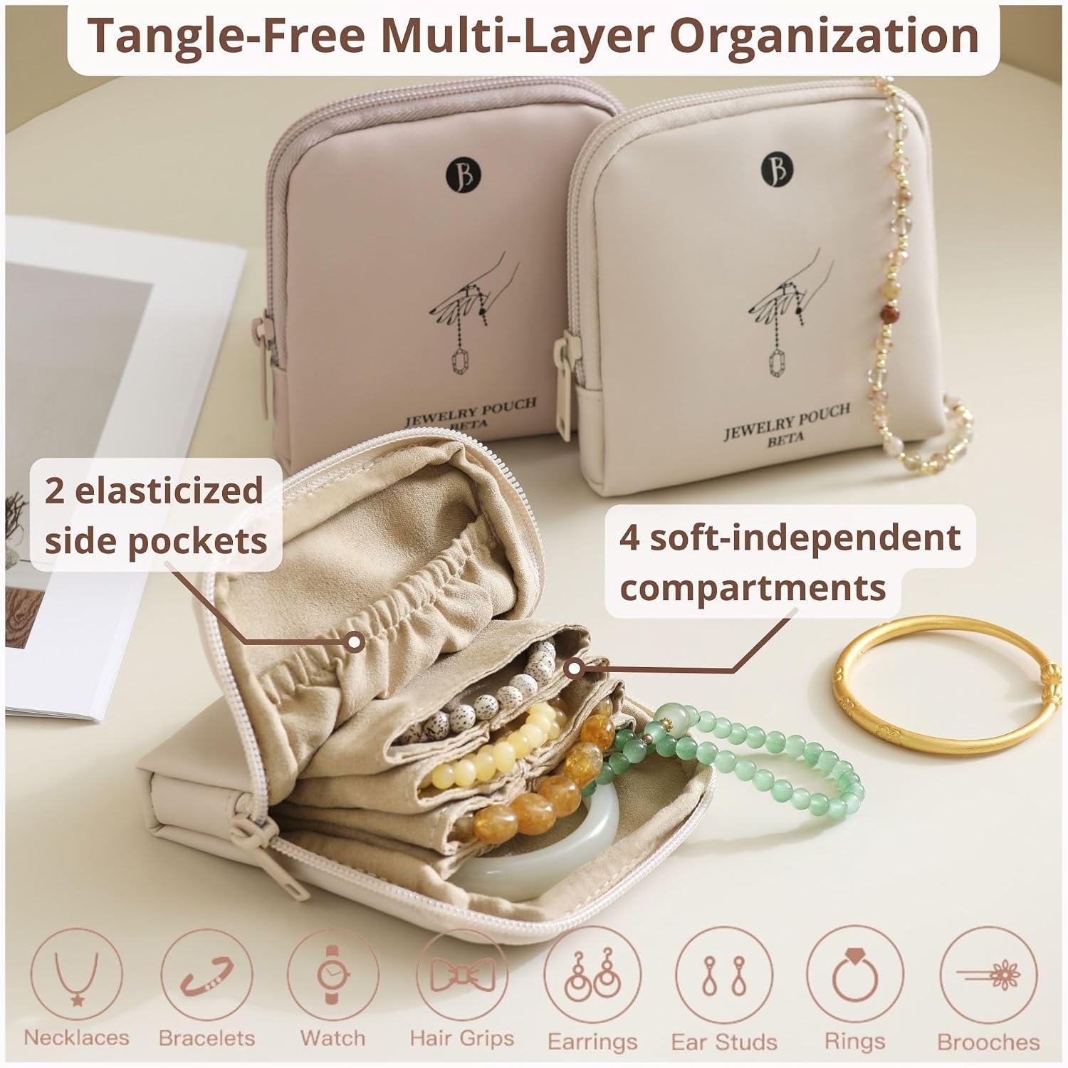 tianzong Small Travel Jewelry Case, Gift for Women, Tangle-Free Jewelry Pouch Bag with Gift Box, Waterproof PU Jewelry Organizer for Valuables (Pink, Single Zipper)