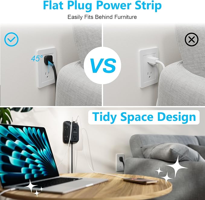 Extensor de toma con protector contra sobretensiones, divisor de 6 tomas con 4 puertos USB (2 USB-C), adaptador de corriente multifunción de 4 caras y 1050 J para hogar, oficina, cocina y viajes miniatura 4