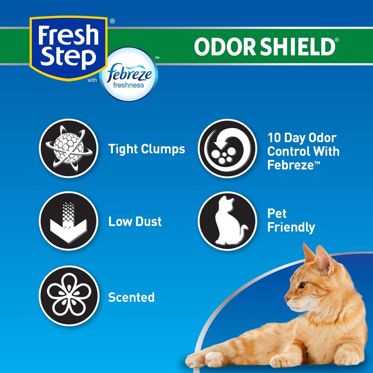 Fresh Step Escudo de olor con frescura Febreze, arena para gatos, perfumada, 25 libras