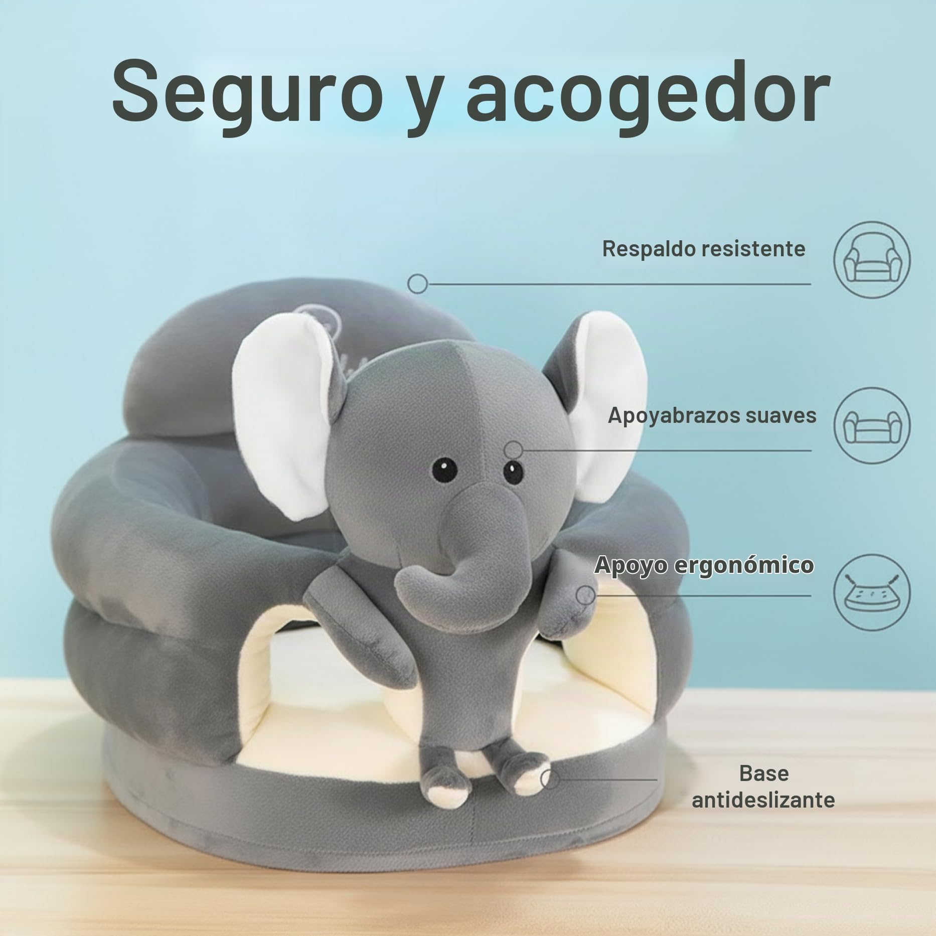 Silla para sentarse para bebés, lindo elefante gris de dibujos animados, silla para sentarse para bebés, sofá de felpa para dormitorio, sala de estar, guardería, apartamento, asiento en el piso
