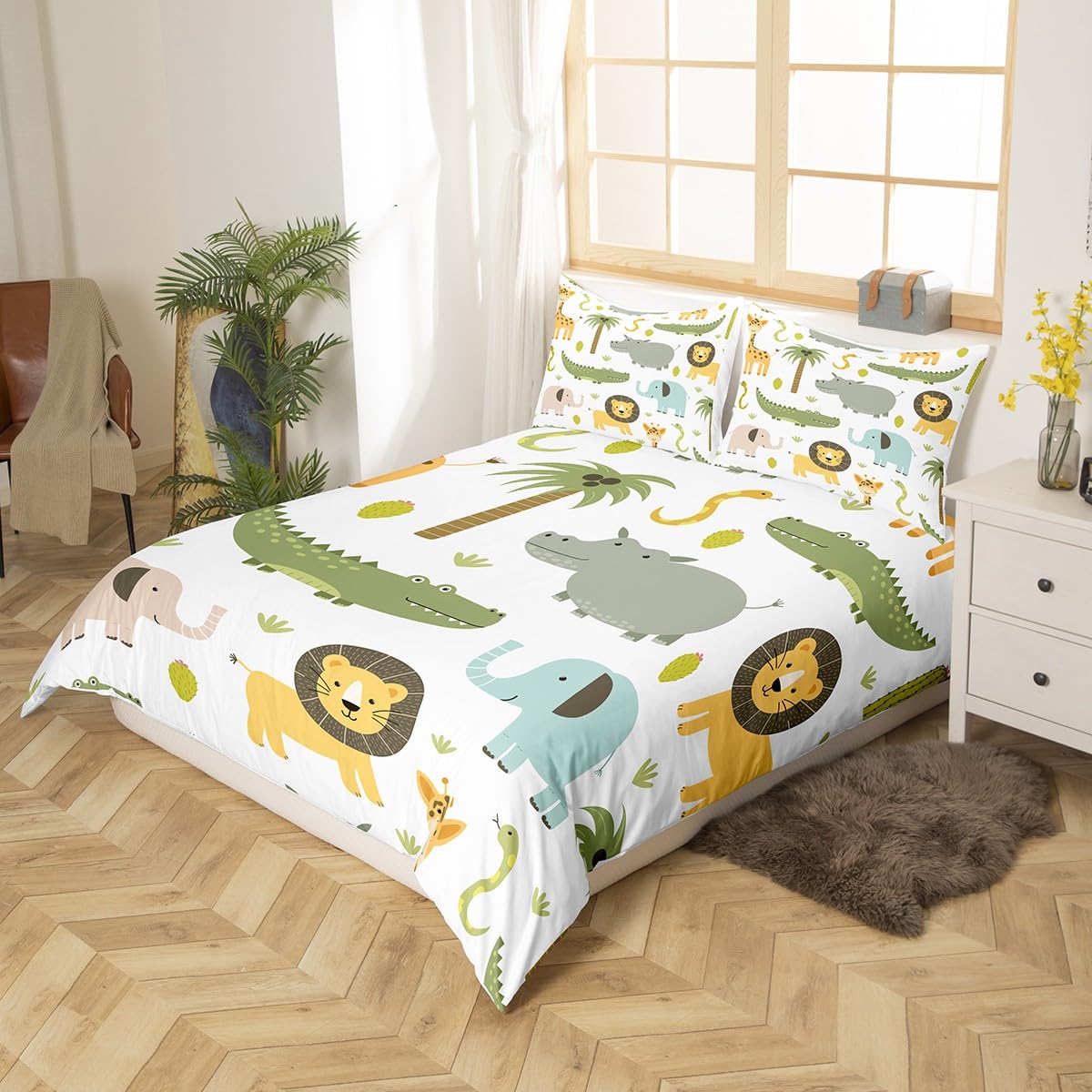 Homemissing Wildlife - Set di biancheria da letto Wildlife, set da letto per ragazzi, ragazze, adolescenti, carino, ippopotamo, coccodrillo, leone, copripiumino 220 x 240 cm, per bambini, cartone