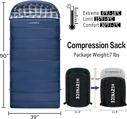 Miniatura 2 de Saco de dormir para clima frío 100% franela de algodón XXL para adultos grandes y altos, con bolsa de compresión gratis