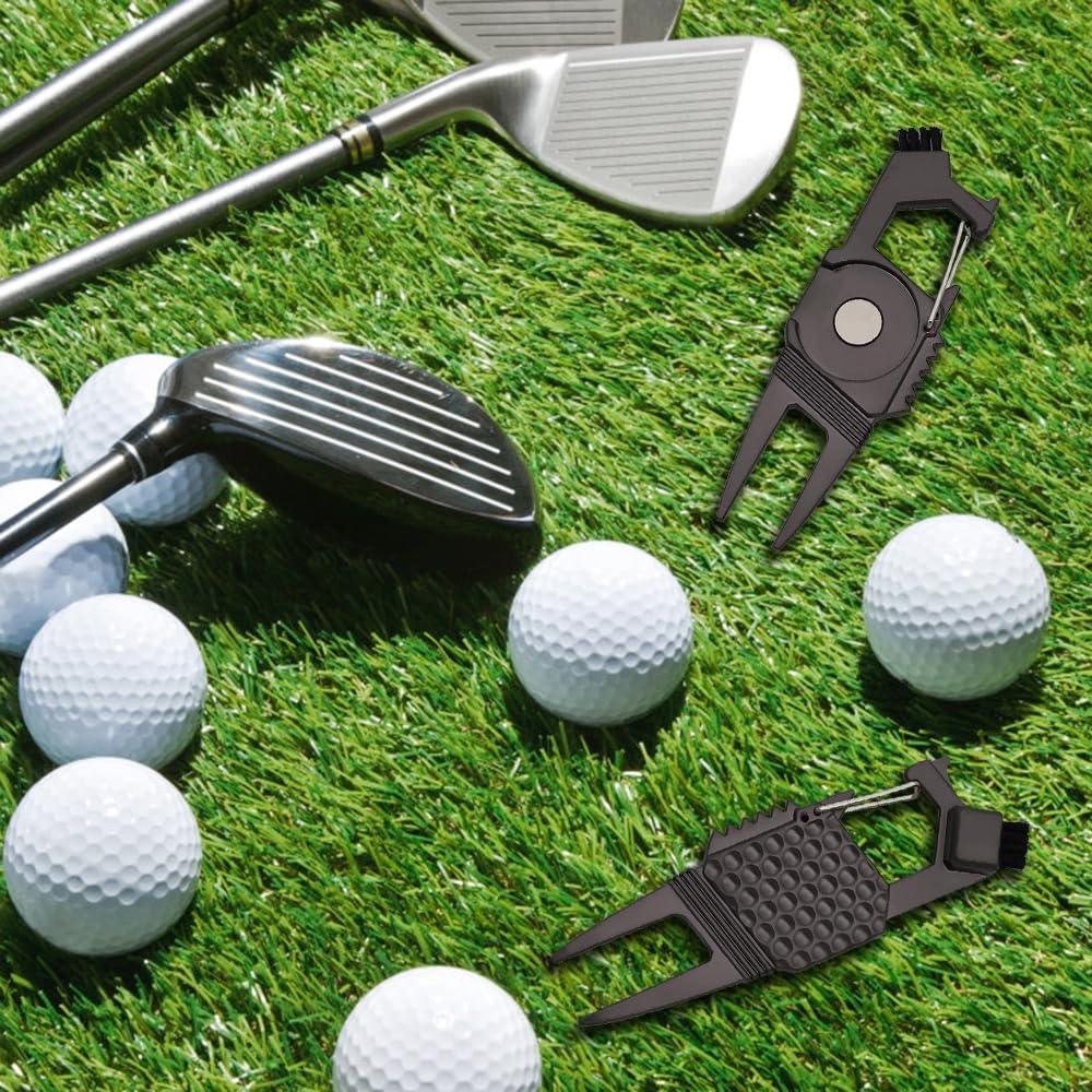 MiOYOOW - Juego de 2 herramientas de reparación de golf (divot golf, tenedor de golf con marcador de pelota de golf magnético/abridor de botellas/función de cepillo de club, accesorios de golf para