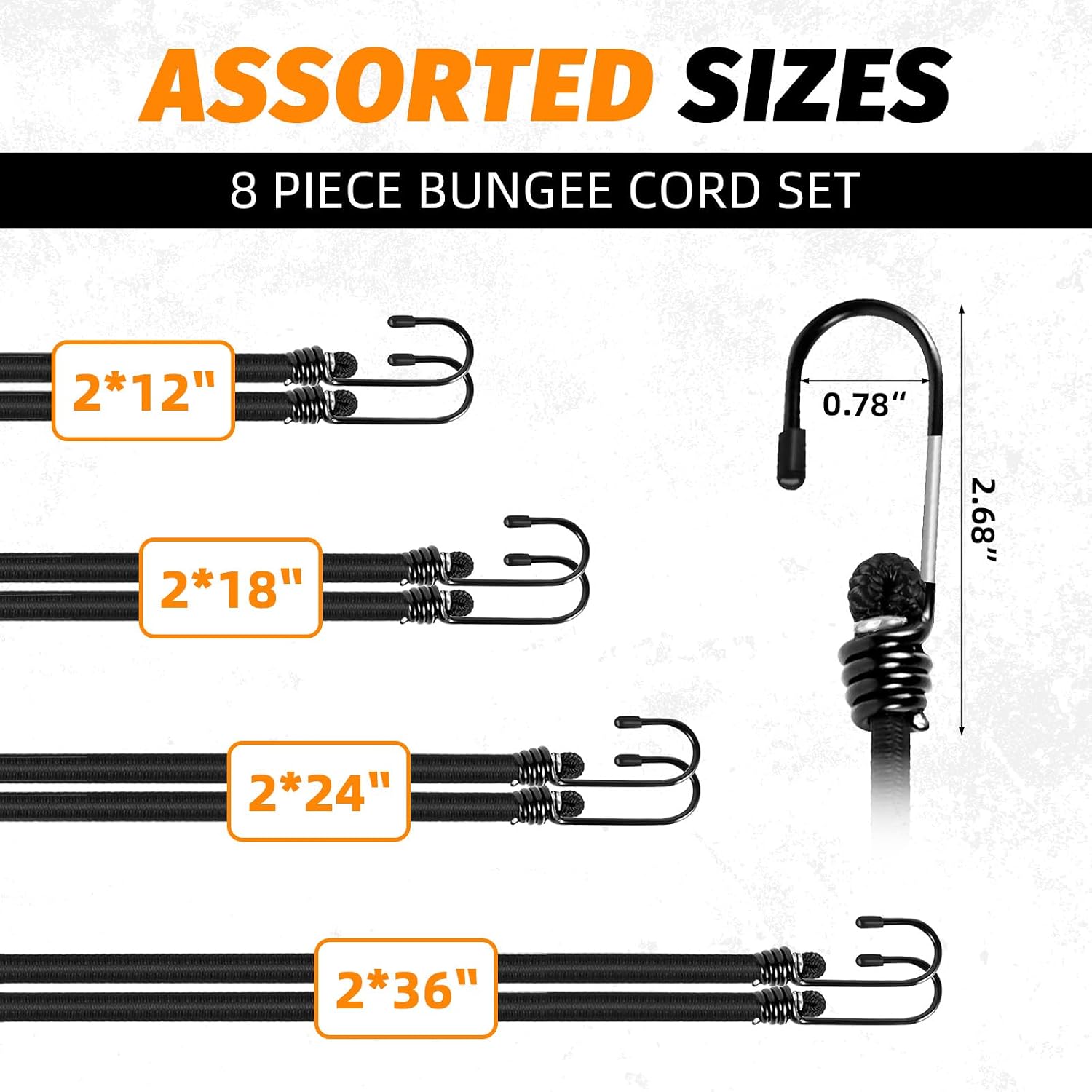 Heavy Duty Bungee Cords with Hooks, 8Pcs Multi-Size Bungee Cords (12/18/24/36Inch), 1/3Inch Thick, No Odour, Max Load 40kg for Camping, Luggage, Tents, Bikes