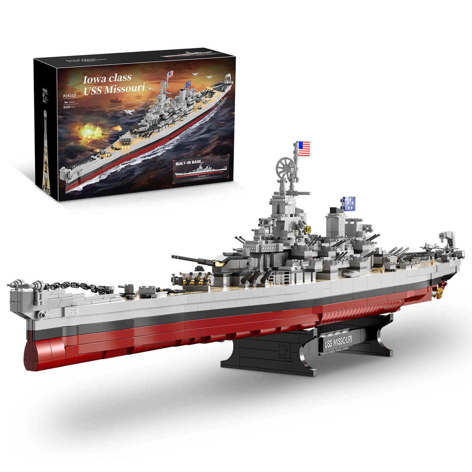 PNNP Military Battleship Building Block Set for Adults, 2228PCS Technic Missouri Class Warship Battle Ship with Stand, WW2 Large-Sized Warship Collectible Display Construction Model Kit