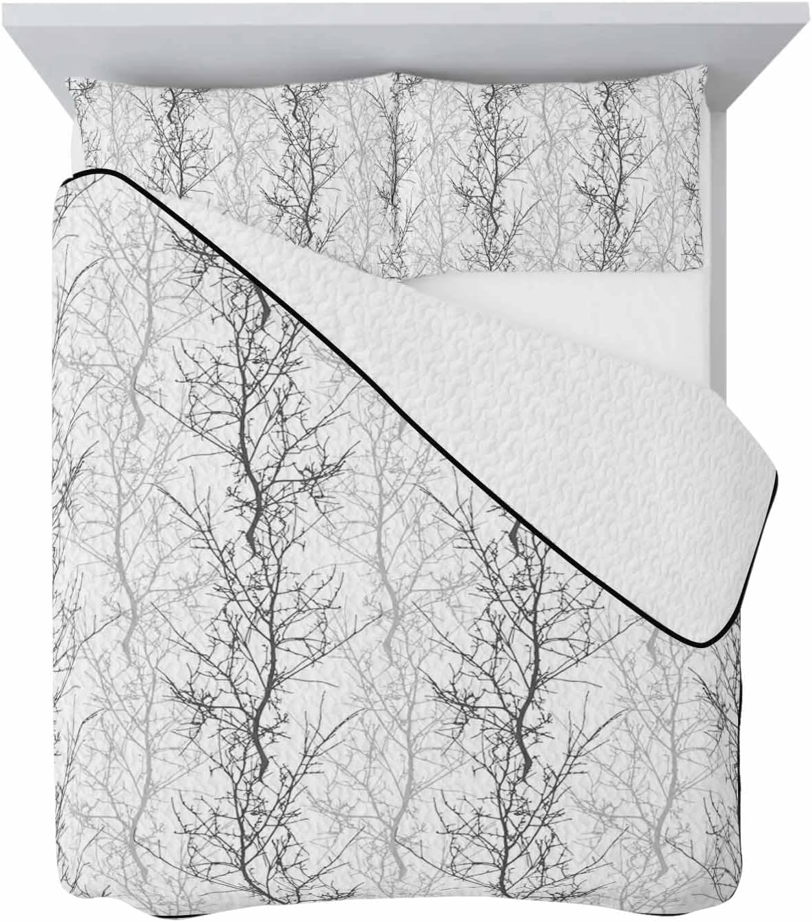 Quilt Sets Twin Size Tree Branch Comforter Set Lightweight Soft Bedspread Coverlet 3 Pieces Grey Quilted Bedding Set with 2 Pillowcases Thin Comforter Bed Cover for All Season 68x86 Inch
