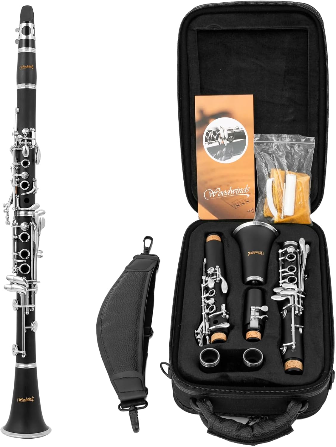 Woodwinds Professional Bb Clarinet Set – Ebonite Body, Nickel-Plated Keys – Case, Cleaning Kit, Stand & Accessories – Beginner & Intermediate
