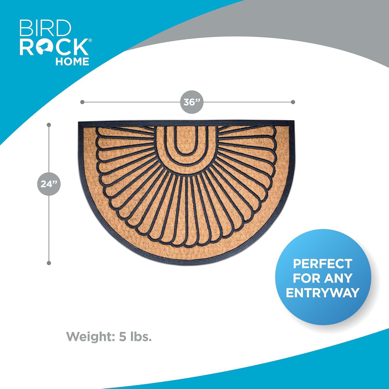 BIRDROCK HOME 24 x 36 Half Round Natural Coir and Rubber Doormat | Natural Fibers | Outdoor Doormat | Keeps Your Floors Clean | Decorative Design | Brush Coir