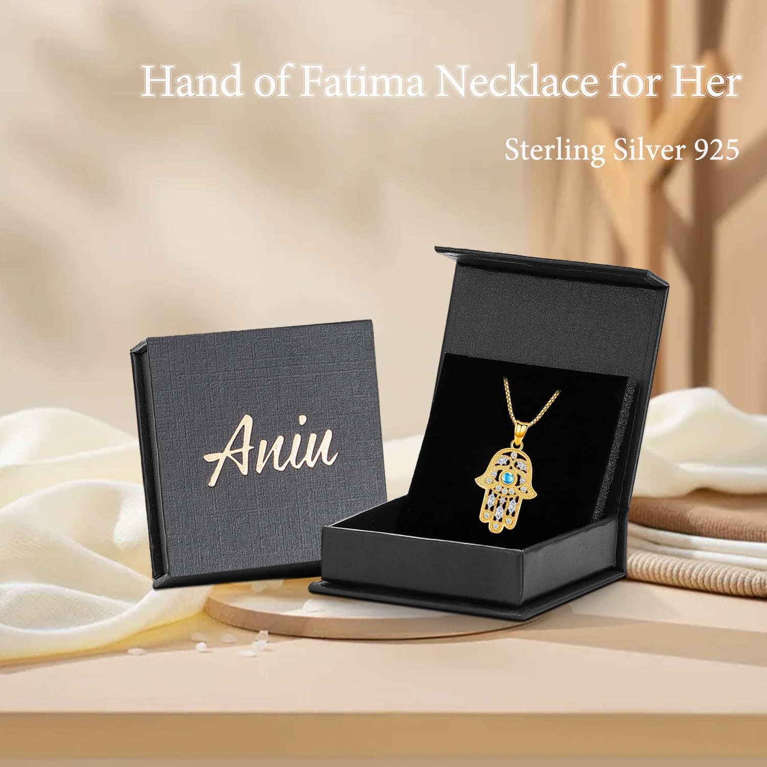 Aniu 925 Sterling Silver Hamsa Hand of Fatima Evil Eye Jewelry for Women With Cubic Zirconia - Comes With Black Gift Jewelry Box