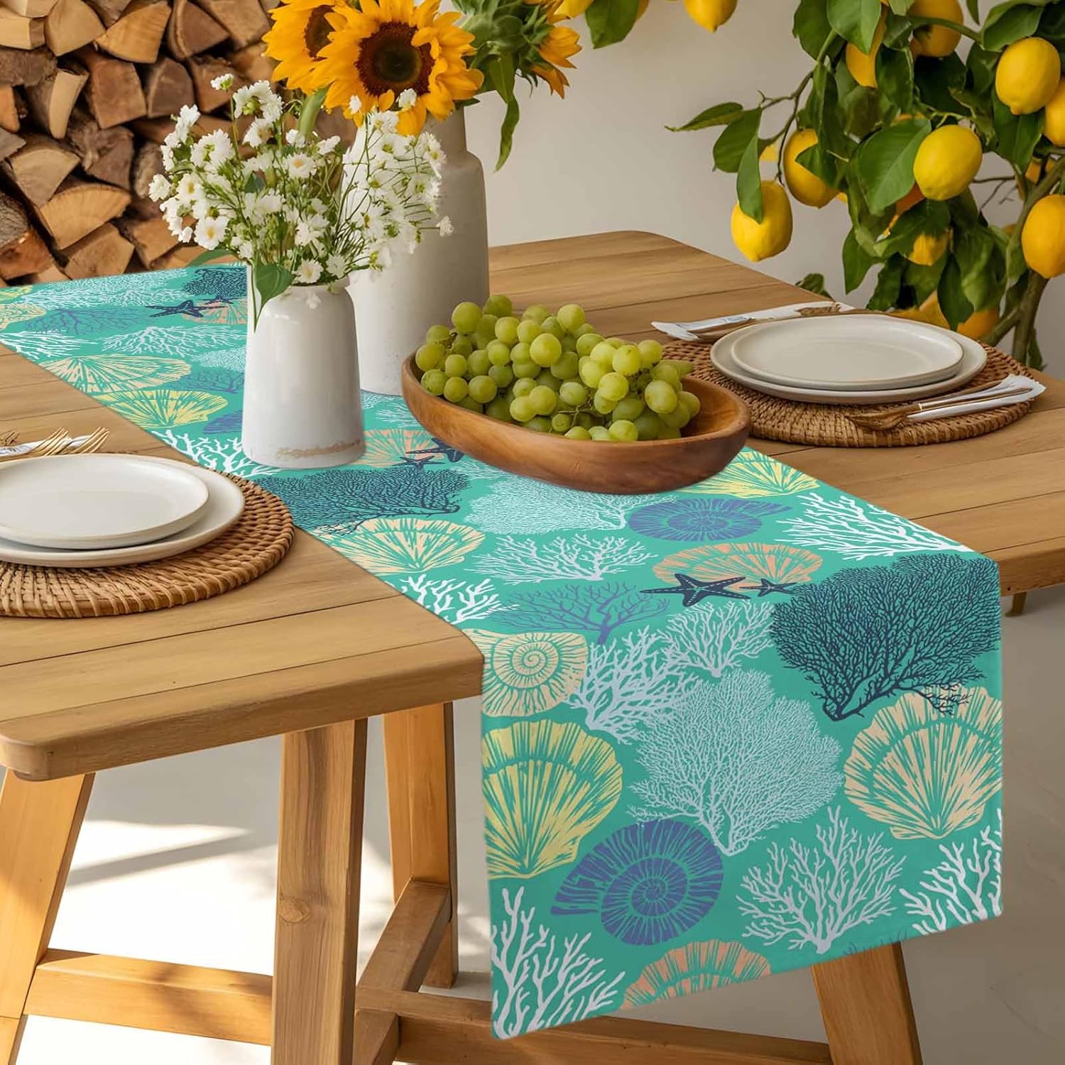 Nautical Coastal Table Runners Ocean Beach Coral Table Runners for Dining Room Starfish Teal Dinner Runner Kitchen Parties Patio Decor, 13x90 Inch
