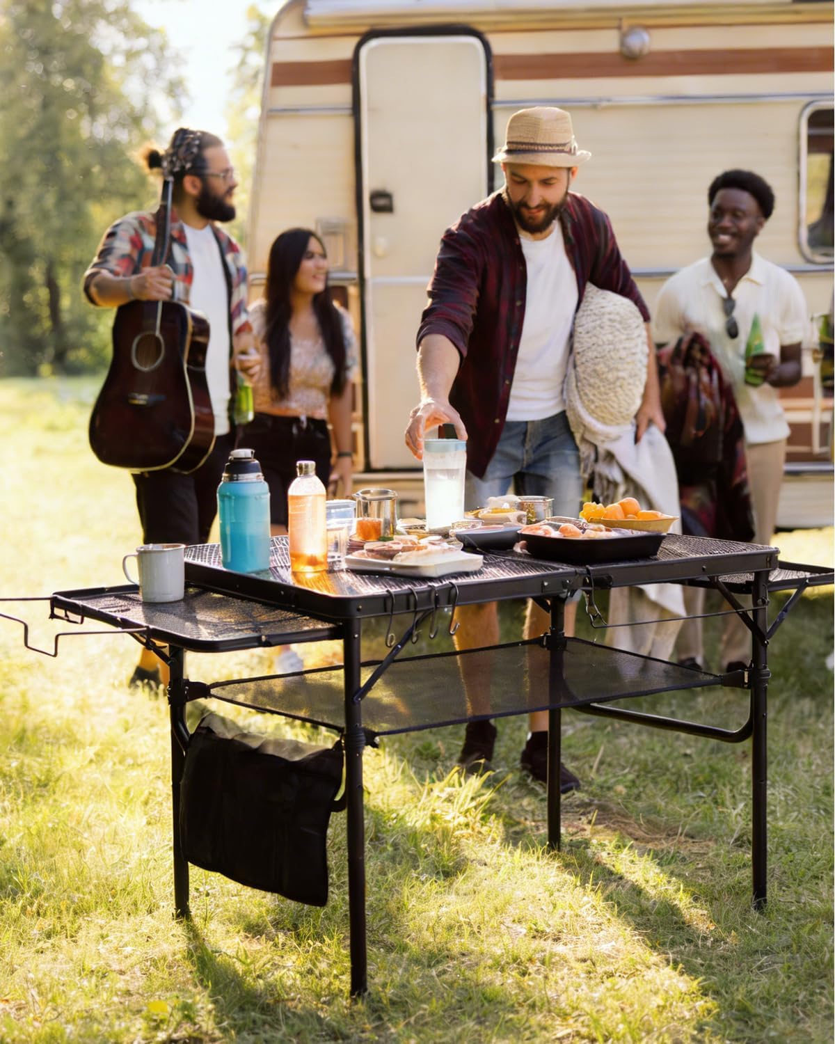 3ft Folding Camping Table with Wing Panels, Metal Mesh Grill Table,2 Adjustable Heights,Folding Table with Storage Net, Paper Towel Holder, Hooks, Trash Bag Rack, for Picnic,Camping,BBQ,Beach(Black)