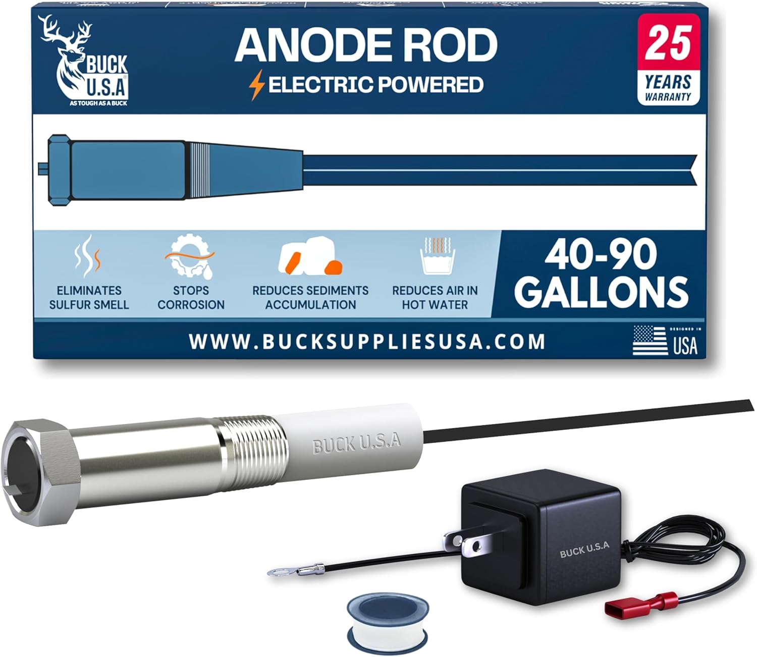 Powered Anode Rod for Hot Water Heater (40-90 Gallon), 25-Year Warranty, Eliminates Rotten Egg & Sulfur Smell in 24 Hours, Stops Corrosion, Fast Installation, Titanium Built, Universal Fit, 1 Pack