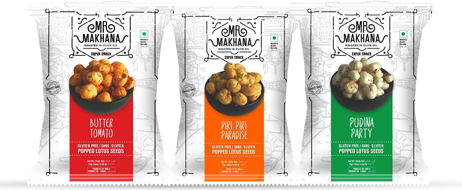 Mr. Makhana Roasted Makhana & Foxnuts : Pudina Party, Butter Tomato, Piri Piri Paradise (Pack of 3) | Healthy Snacks | Roasted in Olive Oil | Zero Trans Fat | Zero cholesterol (Pouch Pack)