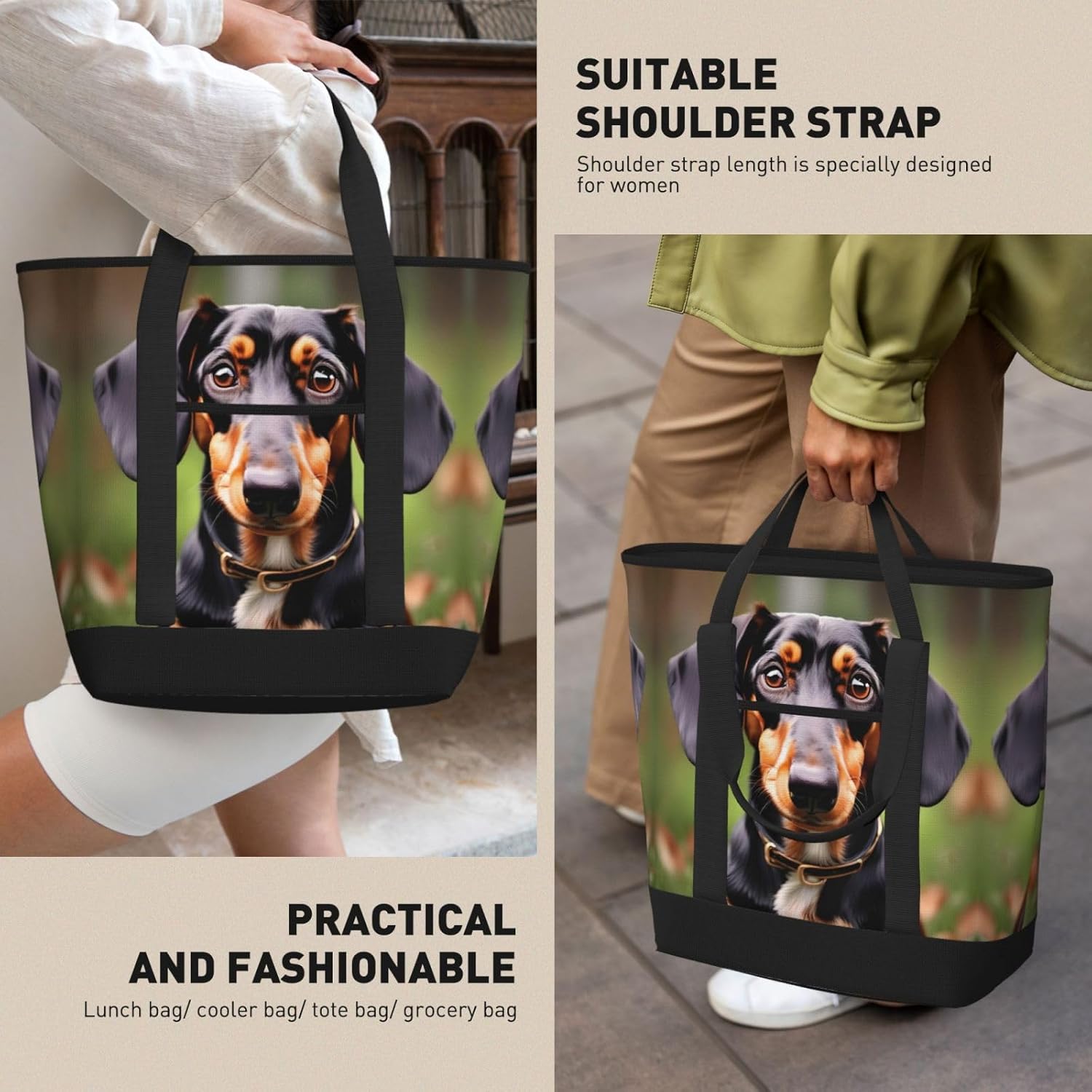 Dachshund Weiner Pet Dogs Print Large Cooler Bag Tote Bag,Reusable Grocery Bag,Lunch Box Bag, For Picnic Beach Camping