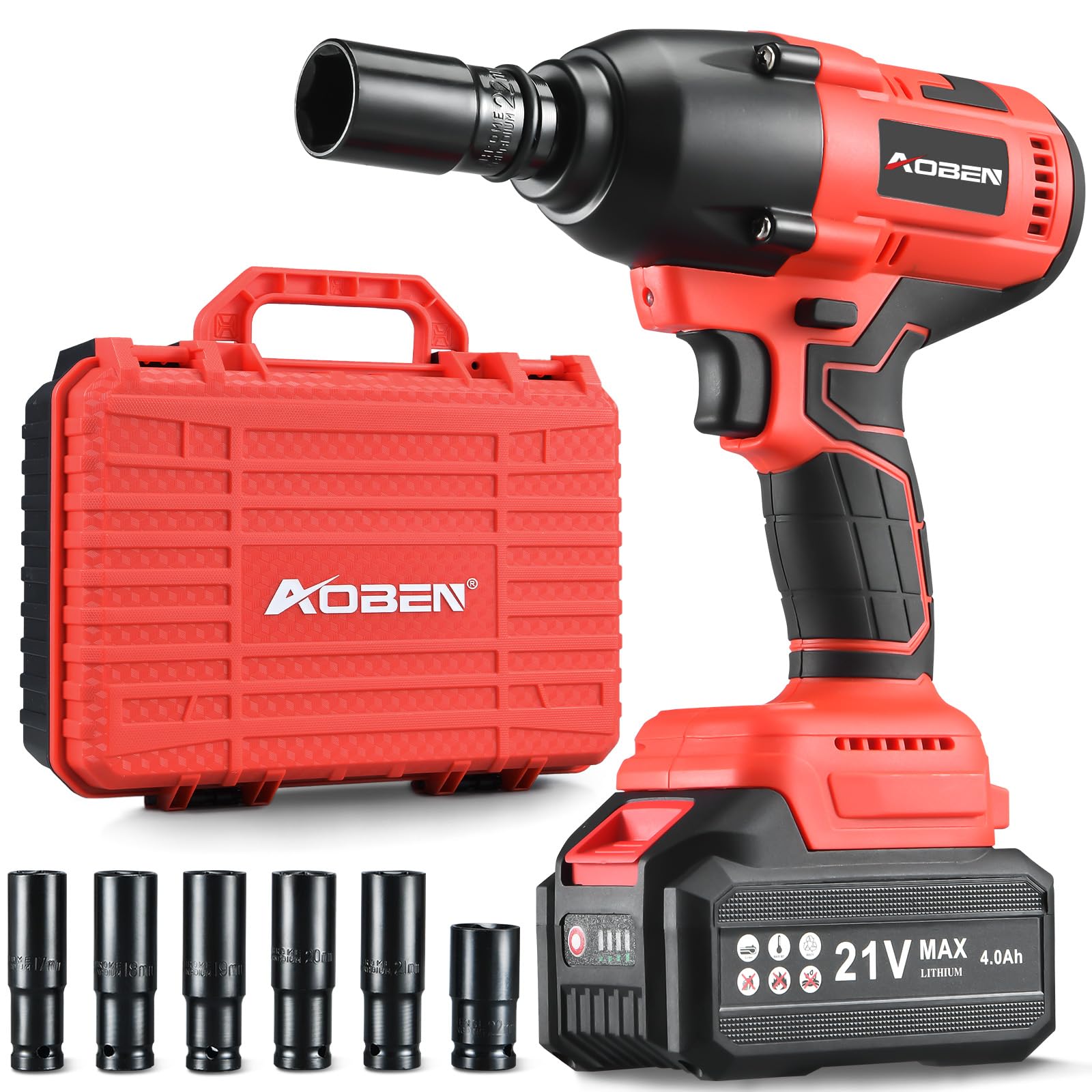 AOBEN Cordless Impact Wrench 1/2 Inch, Power Impact Gun Kit, Max 600N. M/450Ft-lbs High Torque Electric Impact Driver for Car RV Tire, 4.0Ah Battery, Charger, 6 Sockets & Storage Tool Case