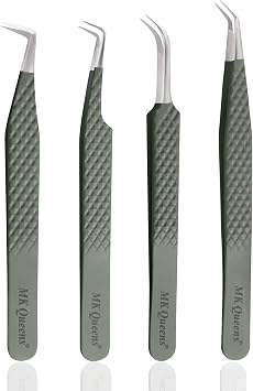 Fiber Tip Lash Tweezers For Eyelash Extension Tweezers Professional Eyelash Extension Tweezer - Set of 4 Pcs Diamond Grip Stainless Steel Fiber Tweezer 4, Green