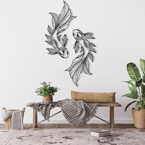 Arte de pared de peces de metal, arte de pared de metal de pez Koi, decoración de pared interior de la familia de peces de escuela de peces, arte de
