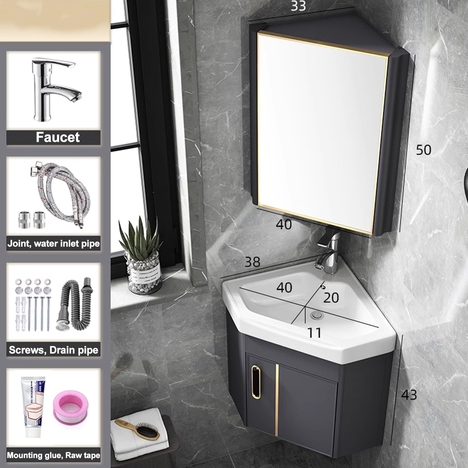 Armario de baño esquinero con espejo, tocador de pared con fregadero, grifo de calor y frío, ideal para baños pequeños, azul, 38 cm, blanco, 38 cm