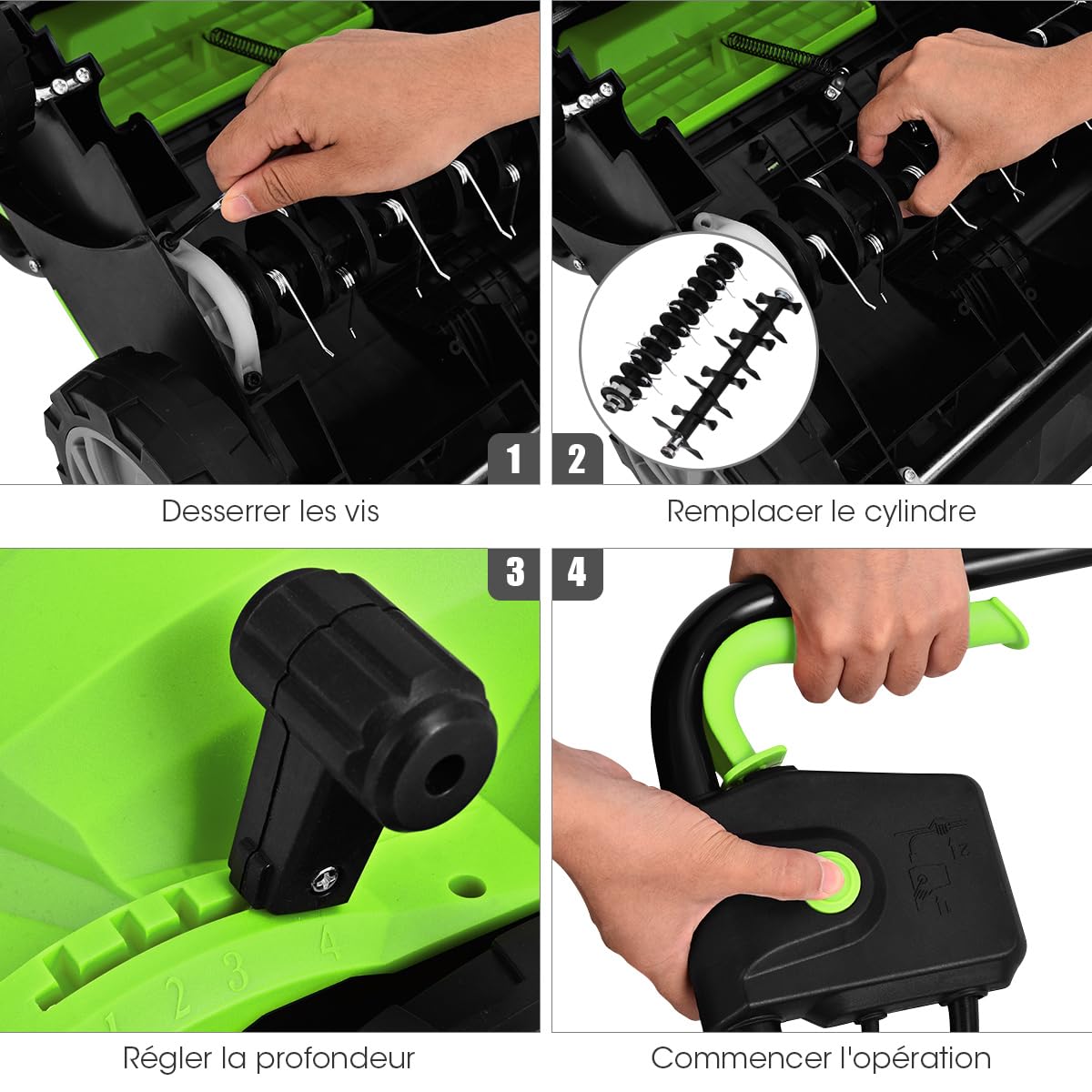 GOPLUS Scarificateur Électrique 2 en 1 avec 30LSac de Collecte, Aérateur de Pelouse avec Hauteur Réglable à 4 Niveaux, Poignée Pliable pour Un Rangement Facile(Vert)