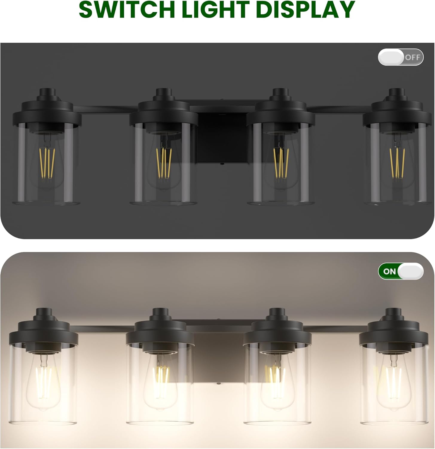 Bathroom Vanity Light Fixture, 4-Light Modern Black Vanity Light Fixtures with Clear Glass Shade, Matte Black Bathroom Light Fixtures Over Mirror, Rustic Restroom Lighting Fixtures