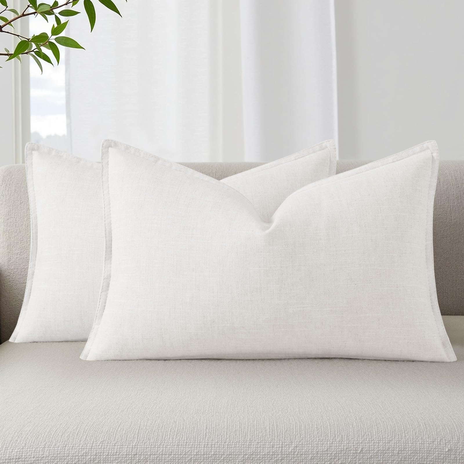 decorUhome Fall Cream White Linen Throw Pillow Covers 12x20 Set of 2