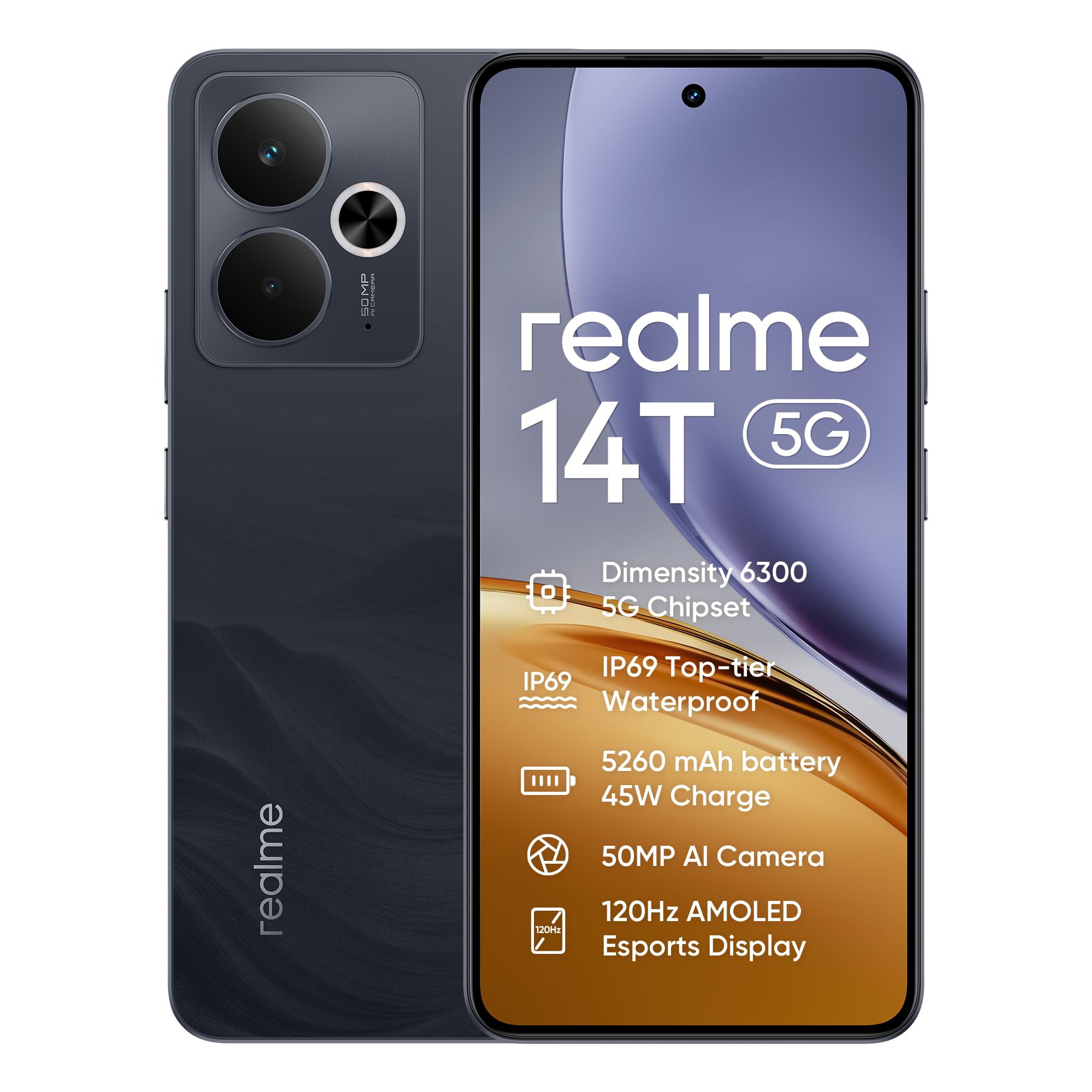 Smartphone realme 14T 5g, 8+256GB,batteria 5260 mAh,Processore Dimensity 6300, IP69, display 120Hz,Fotocamera AI da 50MP,Obsidian Black, esclusiva Amazon(Nessun adattatore)