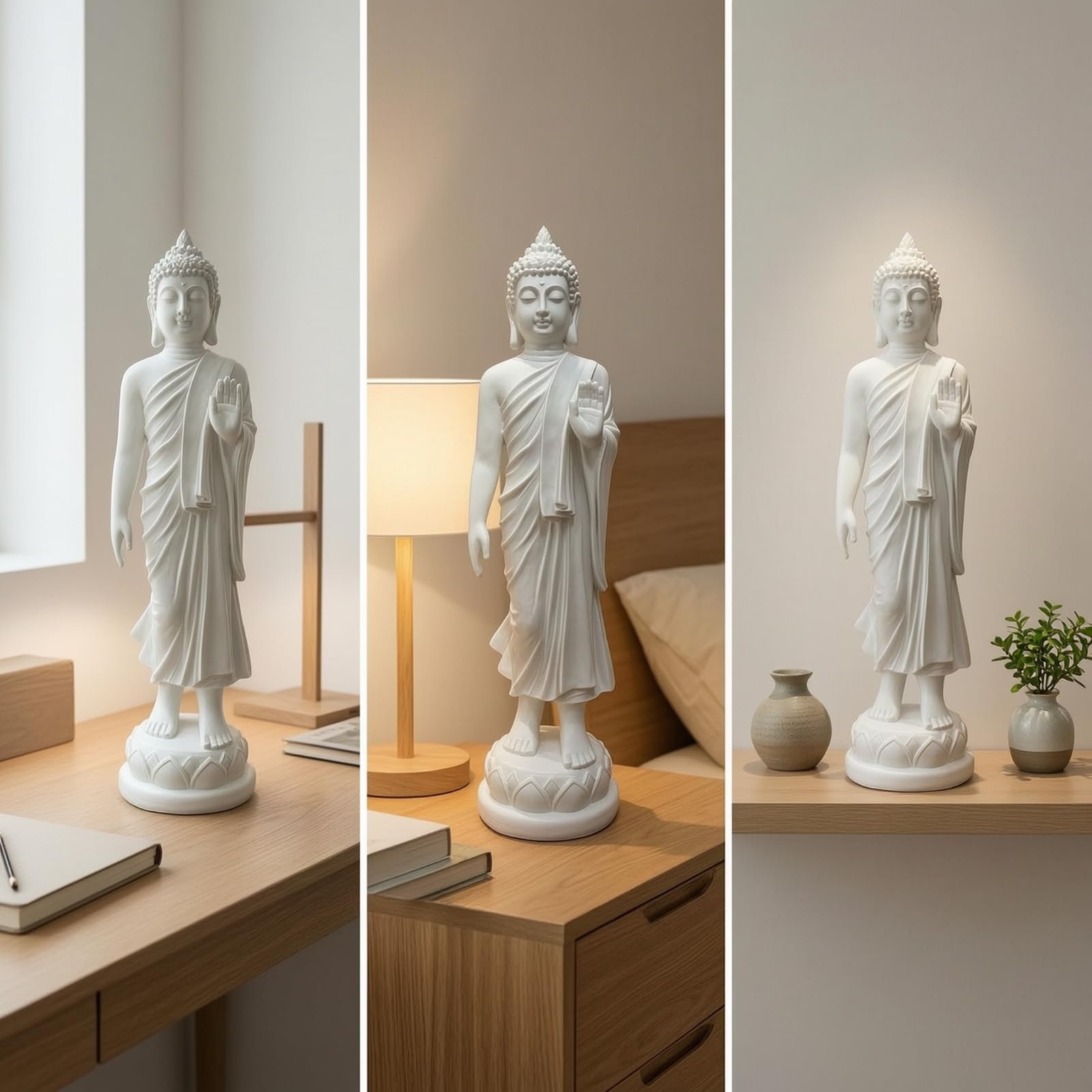 Buddha Statue Shakyamuni Figur Kunstfigur Skulptur aus Harz mit Ruhigem Ausdruck Detailliertem Faltenwurf Und Standfuß für Innenraum Dekoecke Gebetsbereich