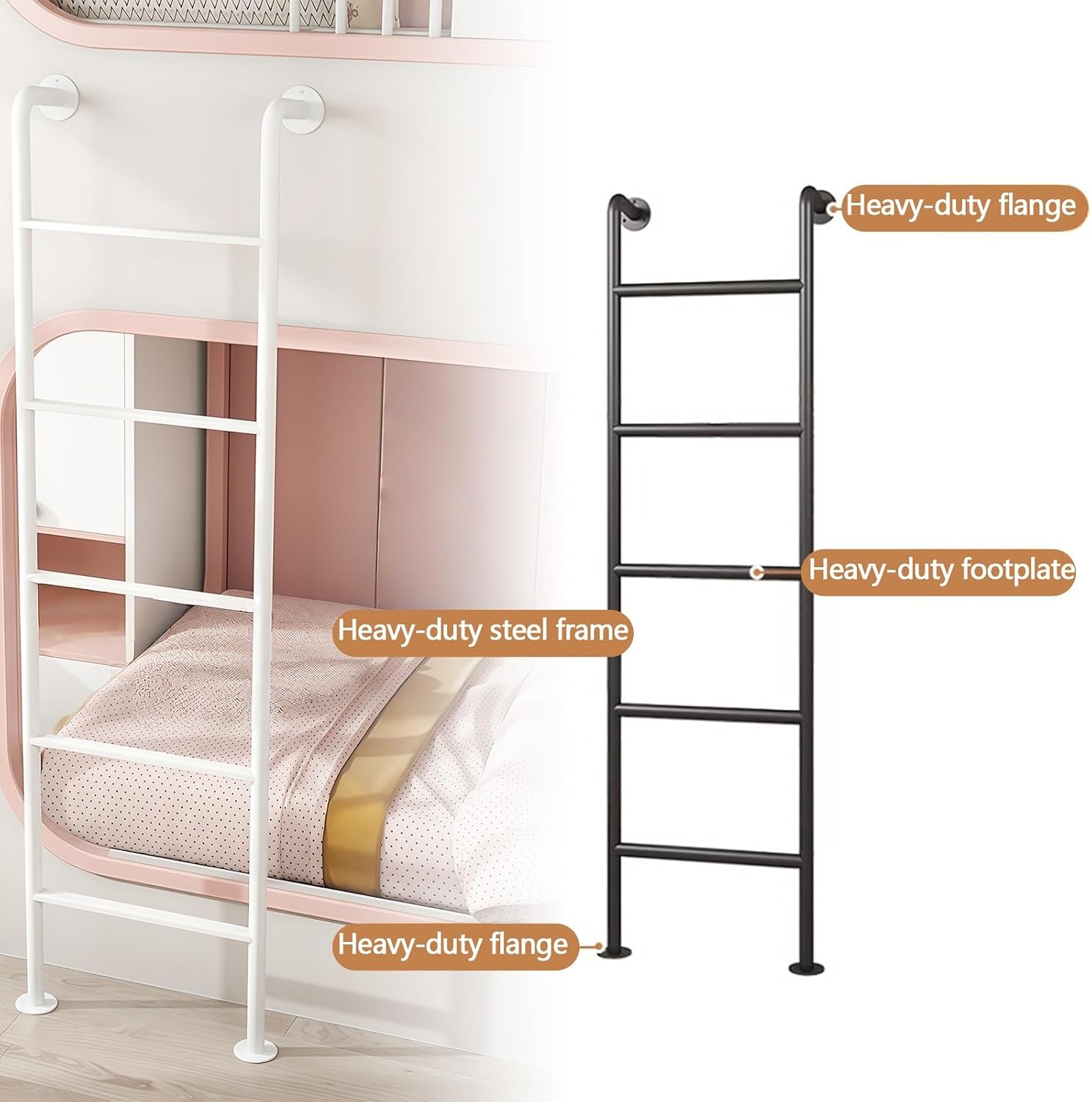 Metal Step Ladder for Home Loft, Industrial Bunk Bed Ladder 160cm Height, Easy Install, for Home, Basement, High Entrance Loft Bed, Attic Dorm, Library, Deck, RV(White,Wall)