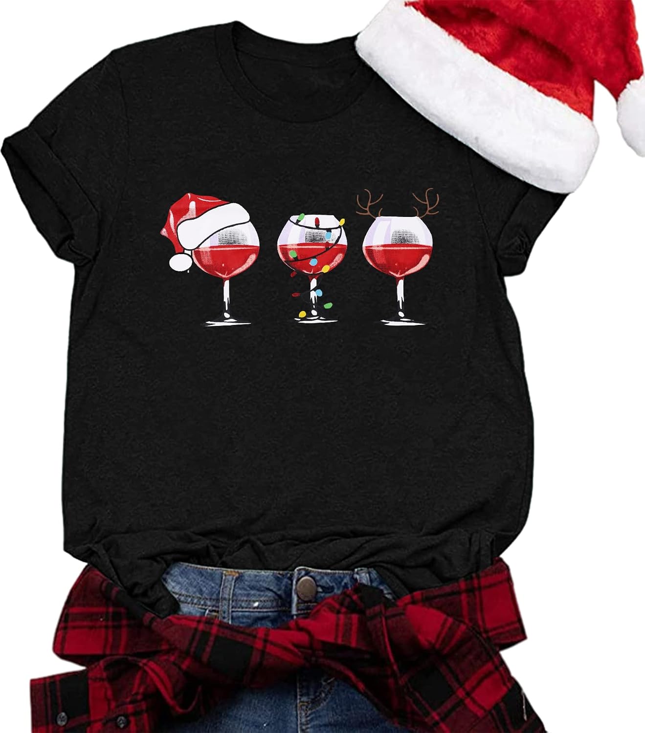 Merry Christmas Shirt Christmas Red Wine Glass Shirts for Women Funny Xmas Wine Tshirt Santa Hat Holiday Graphic Tee Top