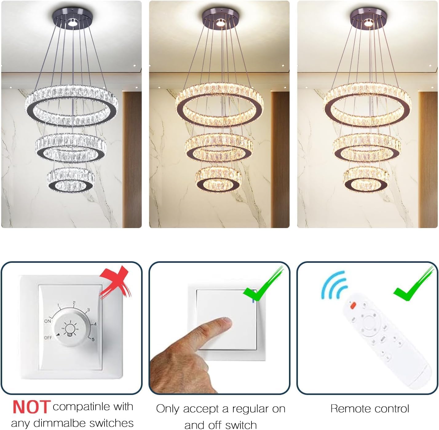 Dimmable 3 Ring Crystal Chandelier with Remote, 2500K-6500K LED Pendant Light, Adjustable Height Modern K9 Crystal Hanging Ceiling Light for Dining Room Stairwell Foyer