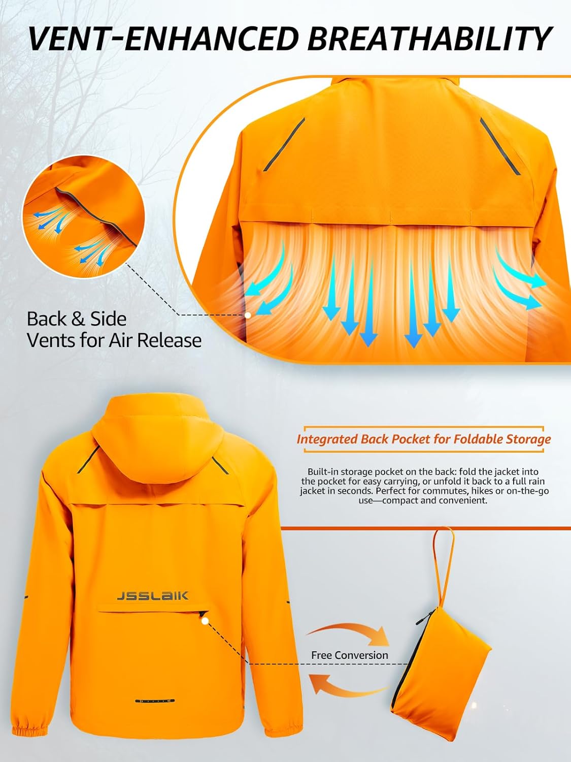 Men's Rain Jacket Waterproof Windproof Breathable for Hiking Cycling Commuting with Hood & Pockets - Image 4