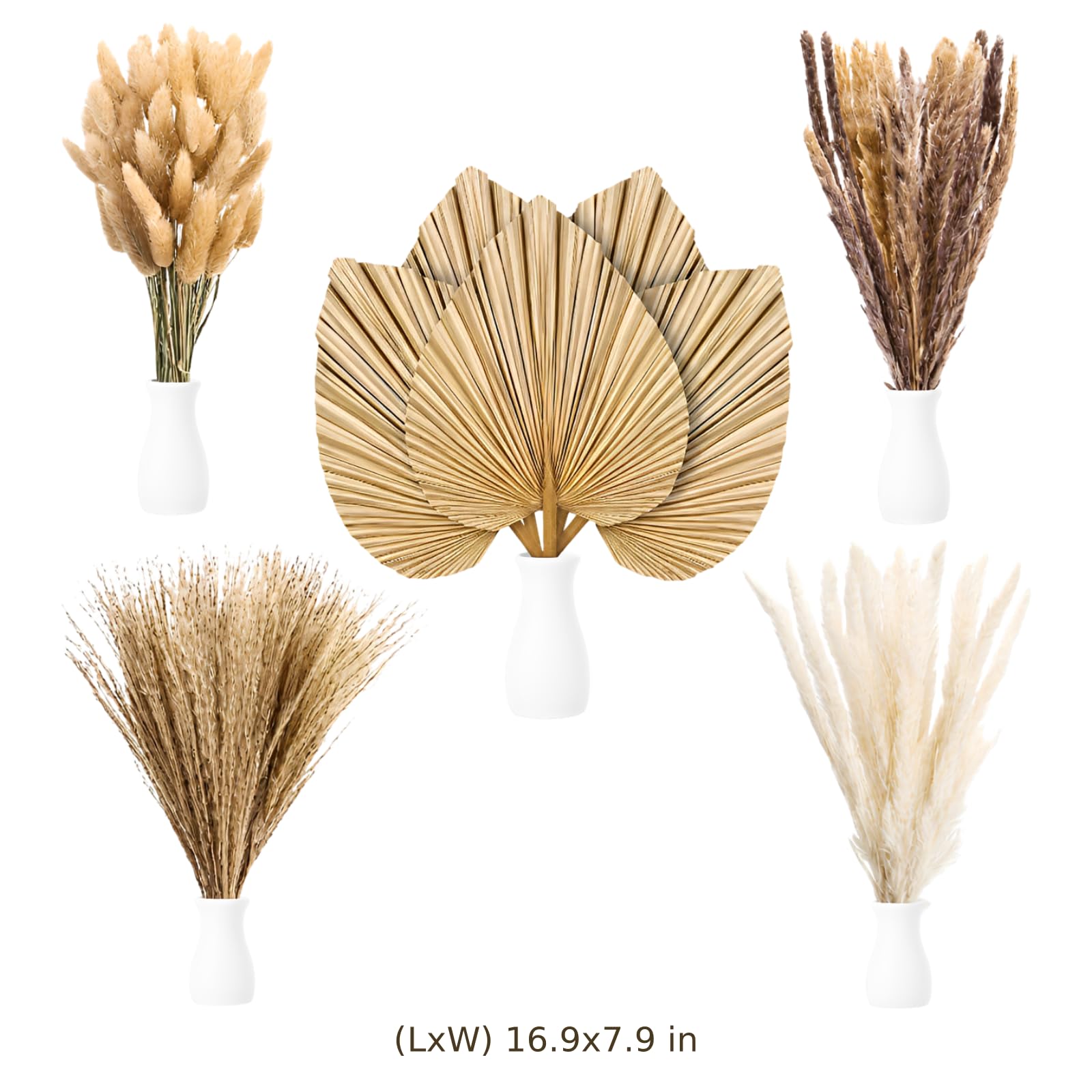 105 Stück Trockenblumen-Deko, getrocknete Palmblätter und Pampasgras-Blumenstrauß, natürliche Palm Spears für Boho-Tischmittelstücke, Hochzeit, Wohn-Deko, DIY-Blumenarrangements