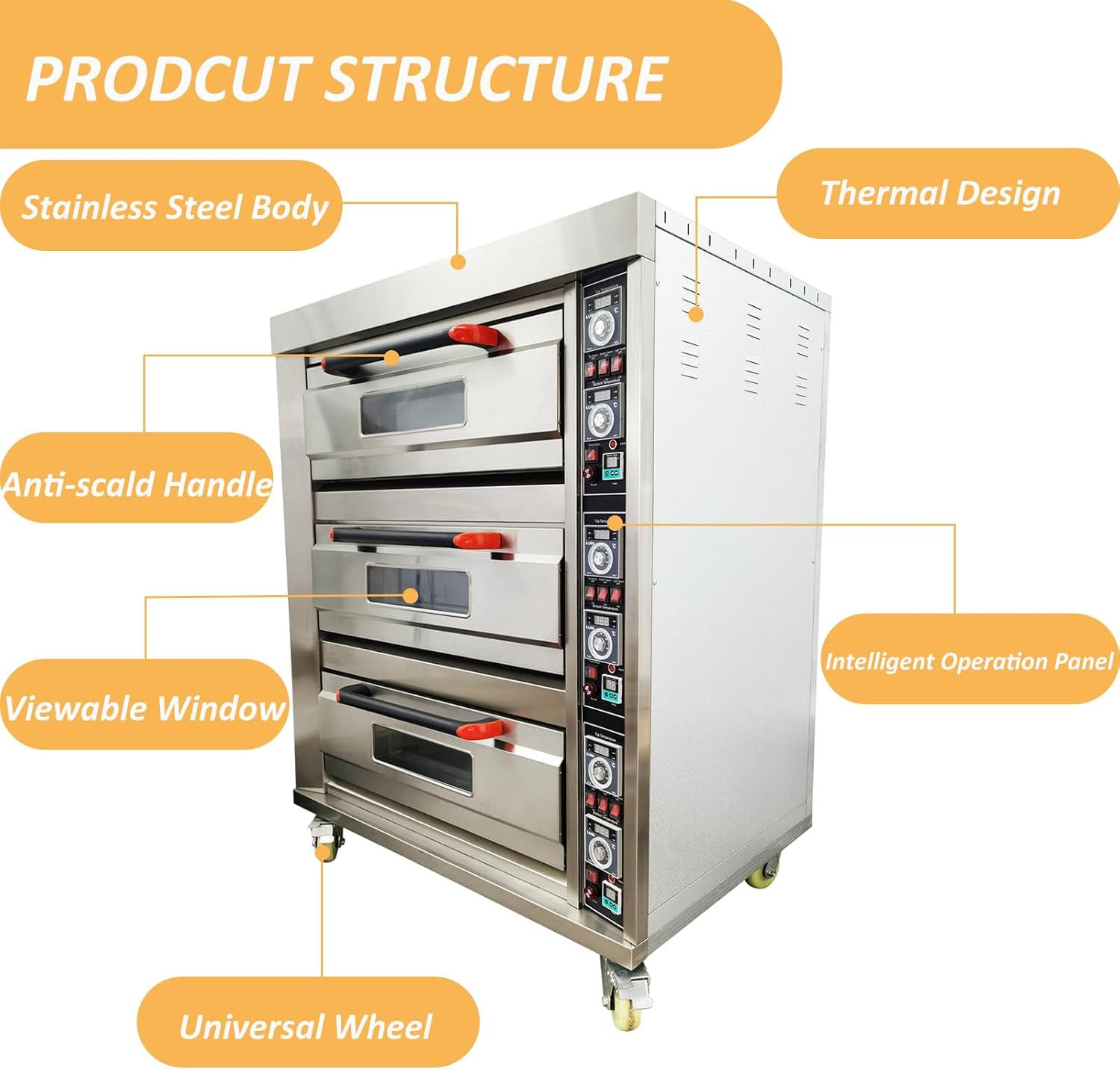 Commercial Triple Pizza Oven 0-99min Timing Set up to 400℃ with Visual Window ＆ 6 Baking Dishes for Meat, Pizza, Cake Bread 220V 3PH 19.8KW