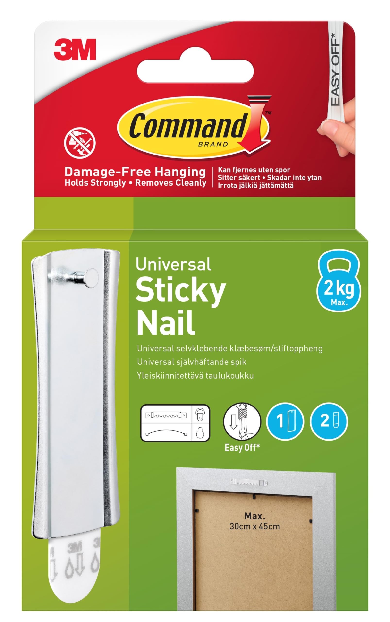 Command Metal Sawtooth Sticky Nail, 1 Hanger and 2 Adhesive Strips, Damage-Free Hanging for Frames, Mirrors, Clocks and Wall Décor, Holds 2 kg