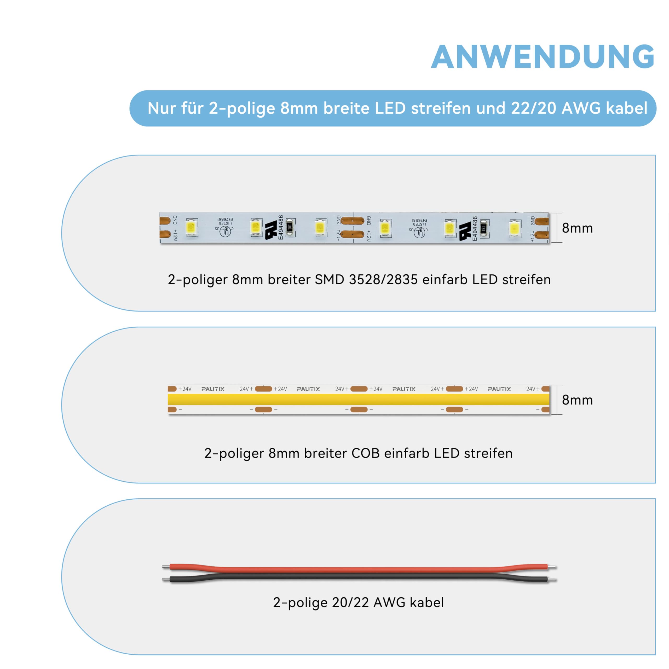 PAUTIX COB LED Streifen Steckverbinder für 8mm 2-Pin,20Stück Wiederverwendbare Streifen zu Kabel Verbinder,3M 22AWG Verlängerungs Kabel für Nahtlose Lötfreie Installation für 5V 12V 24V 2835 LED Strip