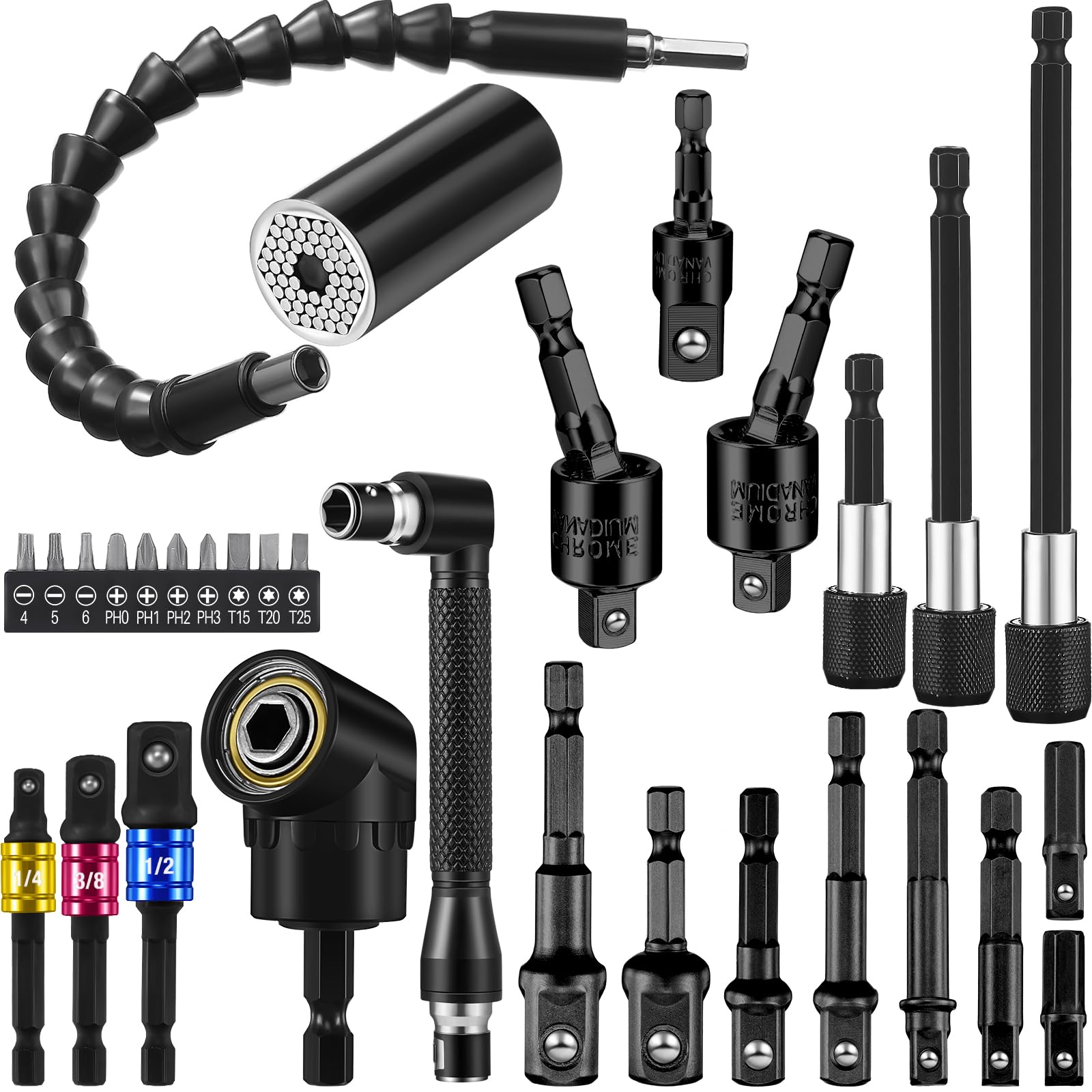 Lanties 31 Pcs Flexible Drill Bit Extension Set, Include 1/4 3/8 1/2 Inch Hex Socket Adapter Socket Bendable Magnetic Drill Extender Universal Bit Extension Screwdriver
