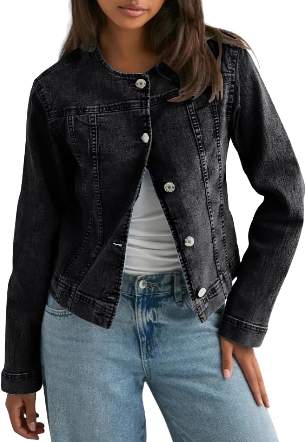 CHOUYATOU Women's Collarless Denim Trucker Jacket Button Front Y2K Business Causal Denim Jacket Coat