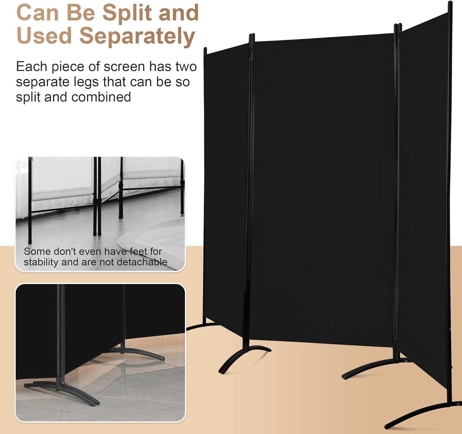 Grezone Large Folding Panel Portable Stand Room dividers Privacy Screen for Bedroom Dining Room Screens Curtains Partition Home Office Dorm Separation (Black, Three Panel)