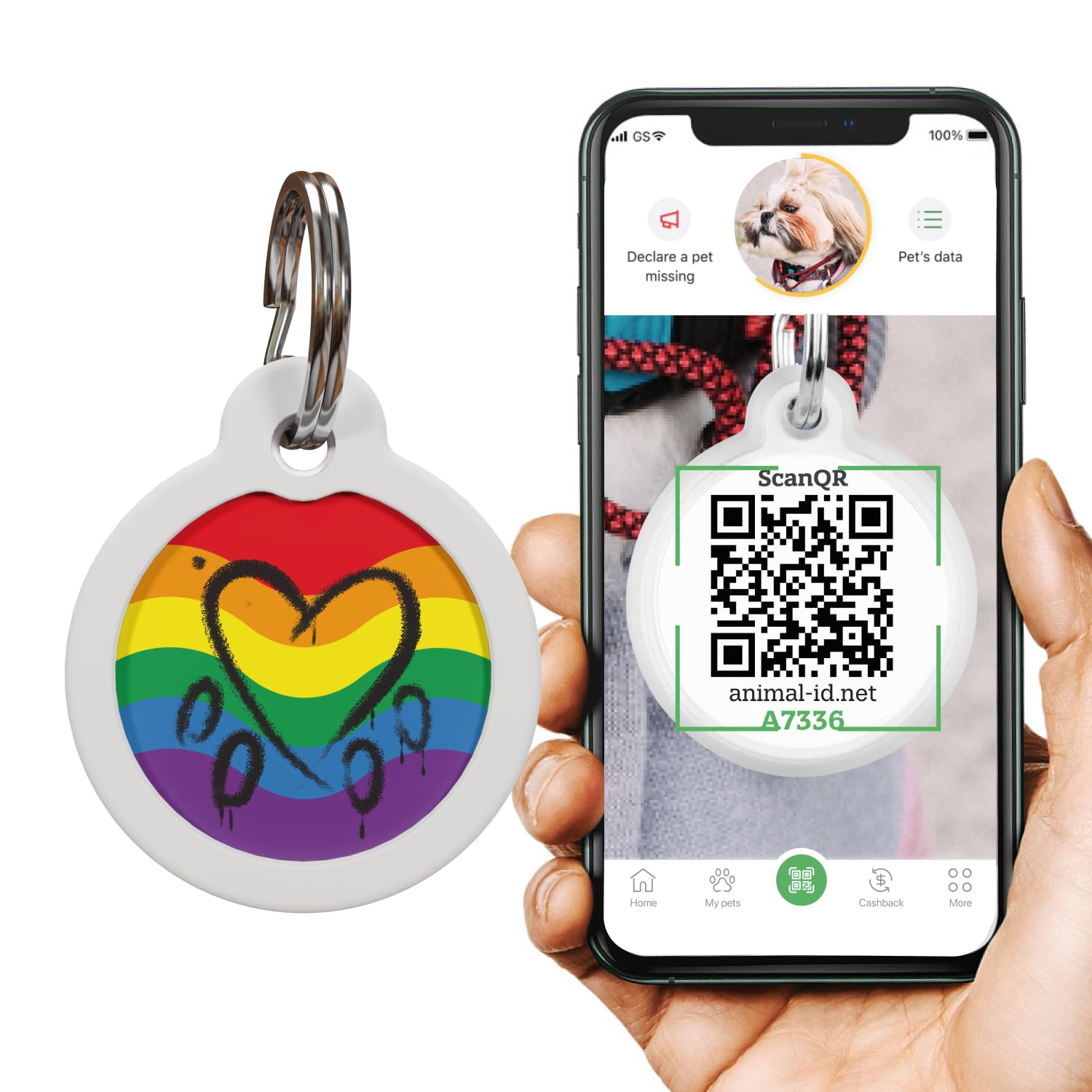 QR Code Dog Tag, Pet ID Tags for Dogs - Silent Dog Tags Personalized for Pets - QR Tag to Pet Online Profile - Stainless Steel Dog Tag with Rubber Silencer (LGBT Heart)