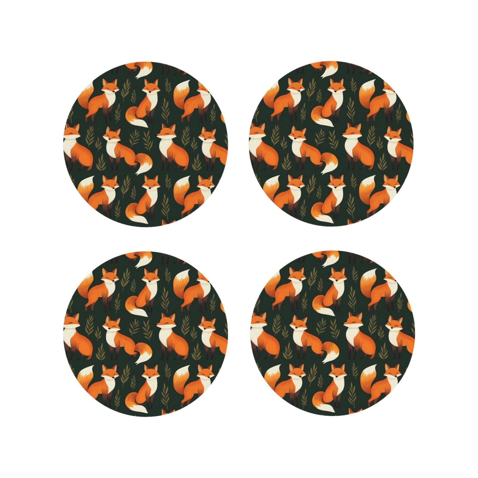 Smazdfxx Women's As Pic Leather Coasters Set Of 4 - Cute Fox Cartoon Print Lightweight Drink Coasters For Desk